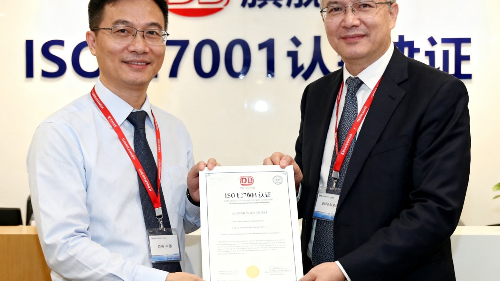 DB旗舰获得ISO 27001认证的证书颁发现场照片，公司代表从认证机构手中接过证书
